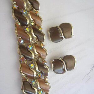 STAR gold brown stone costume bracelet rhinestone with clip earrings set Vintage